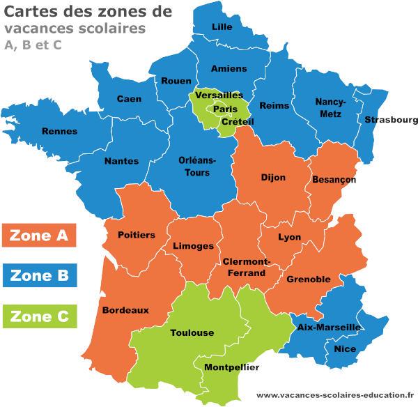 Carte des zones de vacances scolaires a b c 600